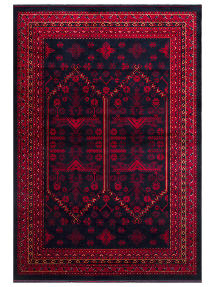 Paghman Series Afghan Patterned Viscose Dense Woven Non-Slip Based Thin Machine-Made Carpet 01 NAVY