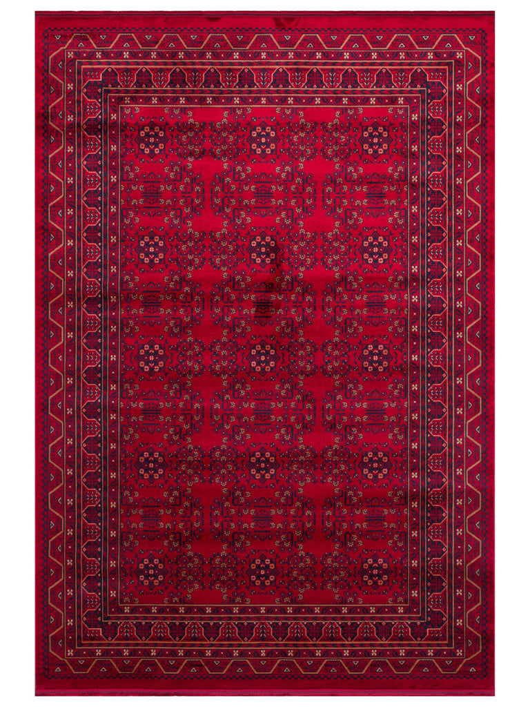 Paghman Series Afghan Patterned Viscose Dense Woven Non-Slip Based Thin Machine-Made Carpet 04 RED