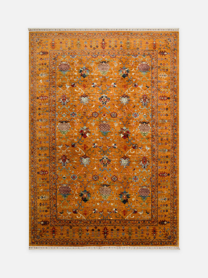 El dokuma Afgan halı hardal sarısı gül buketli serpme çiçek 205x299 cm kuşbakışı tam görünüm