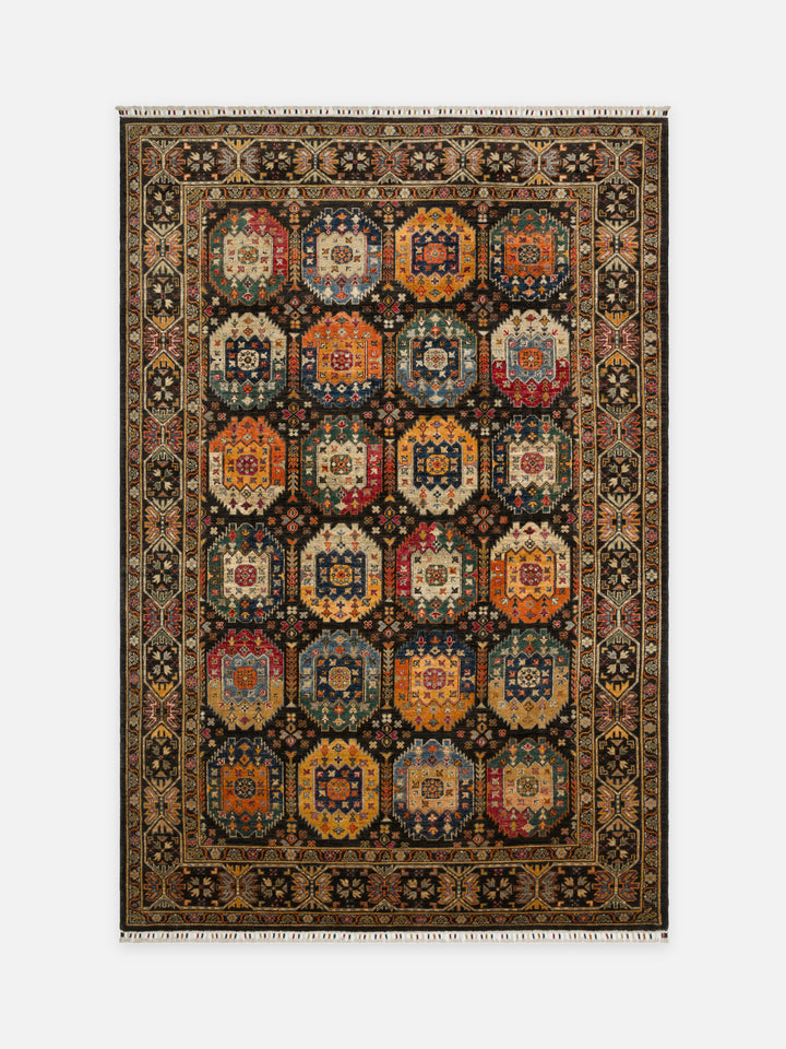 El dokuma Afgan halı antrasit memling gül madalyon 197x295 cm kuşbakışı tam görünüm
