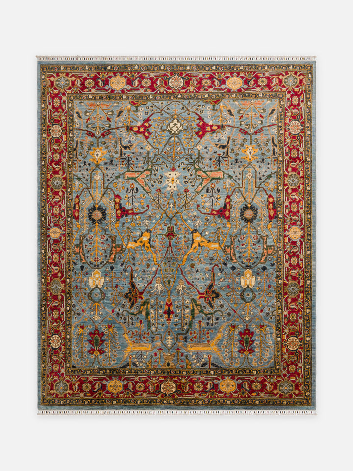 El dokuma Afgan halı açık mavi figürlü av bahçesi 242x304 cm kuşbakışı tam görünüm