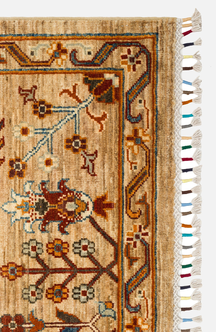 El dokuma Afgan halı krem şah abbas palmet 183x273 cm kenar ve saçak detayı