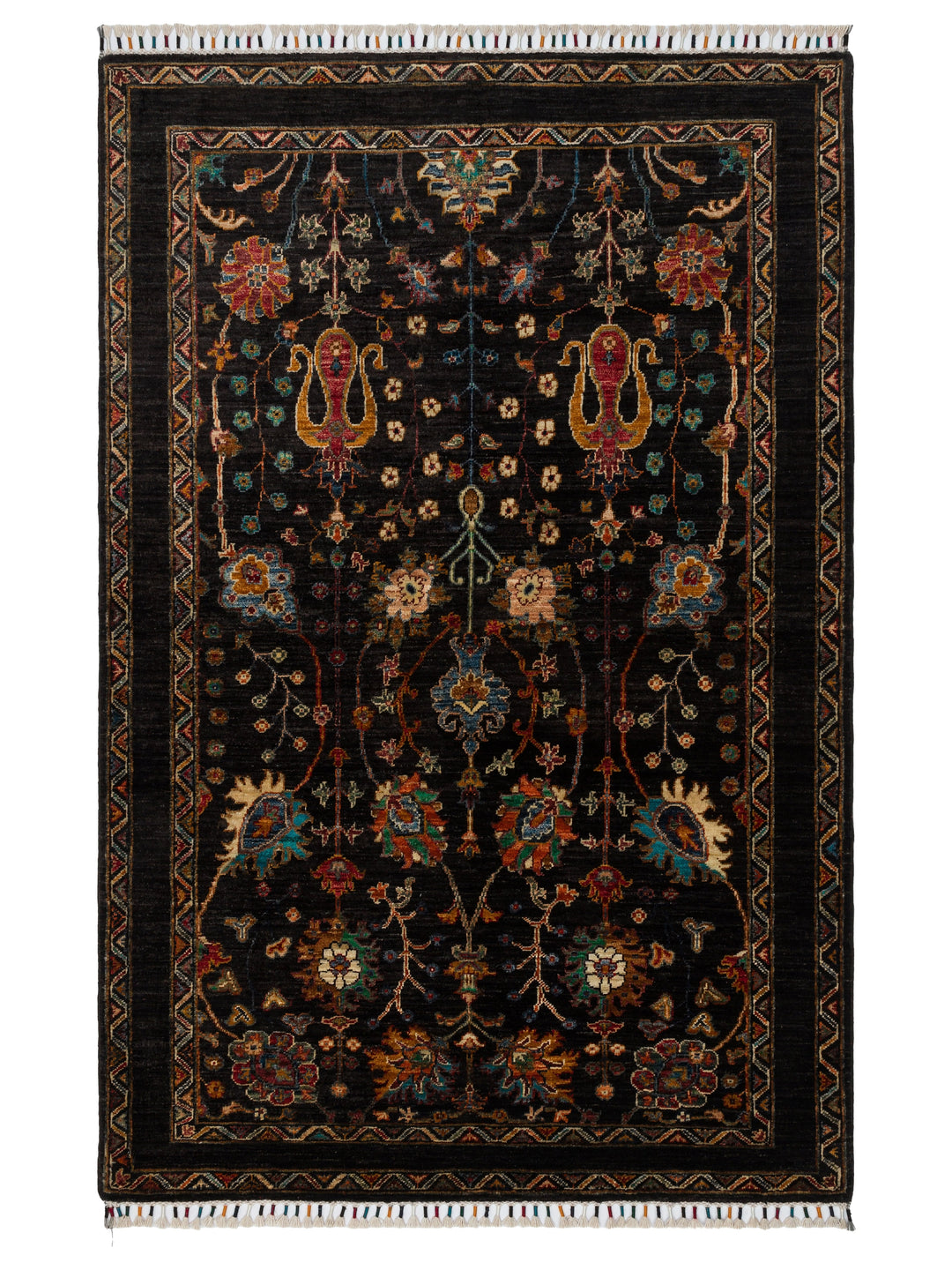 El dokuma Afgan halı siyah bitkisel desen 125x189 cm