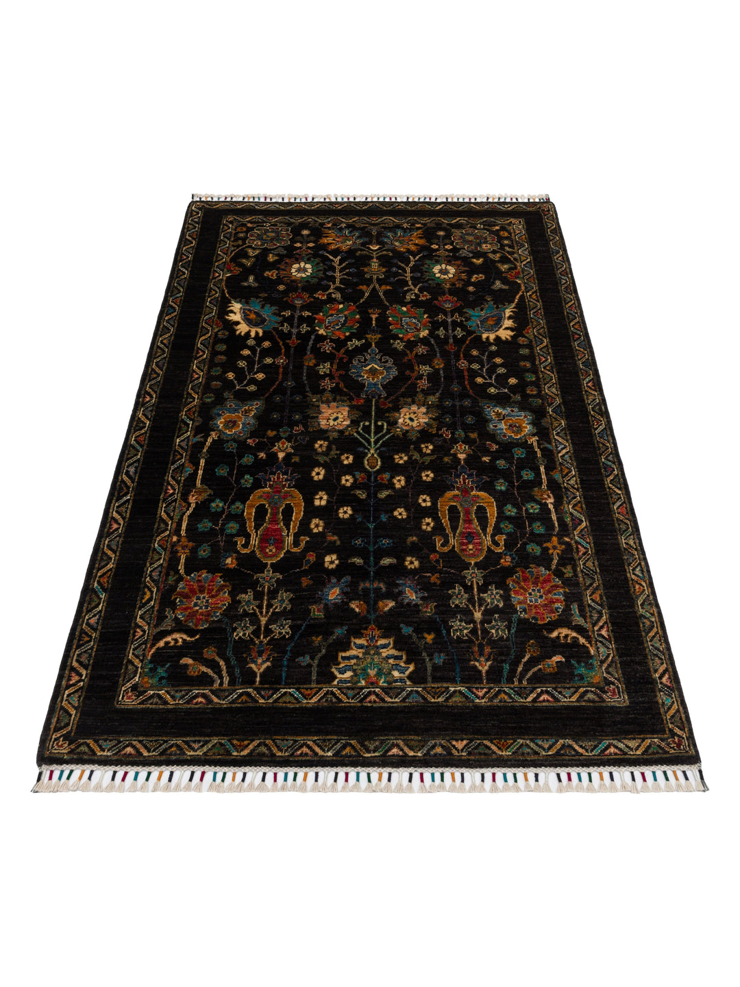 El dokuma Afgan halı siyah bitkisel desen 125x189 cm