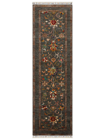 El dokuma Afgan halı antrasit bitkisel desen 82x263 cm