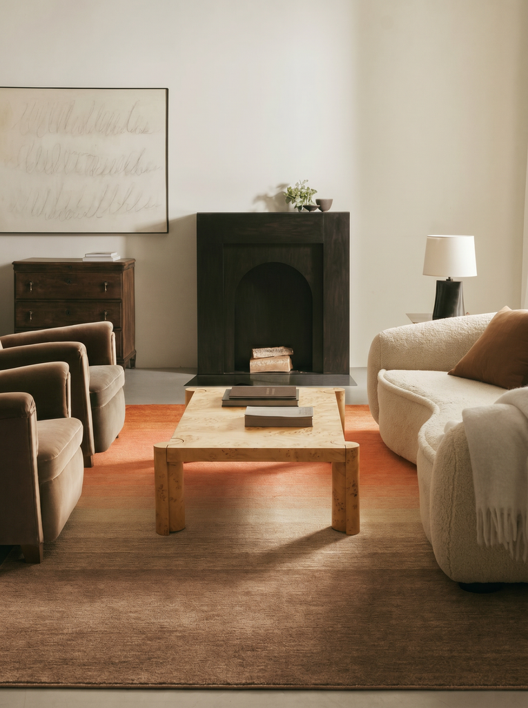 Tapis dégradé fait main en laine 100 % Nouvelle-Zélande pour salon et séjour de la série Donatella MARRON JAM  