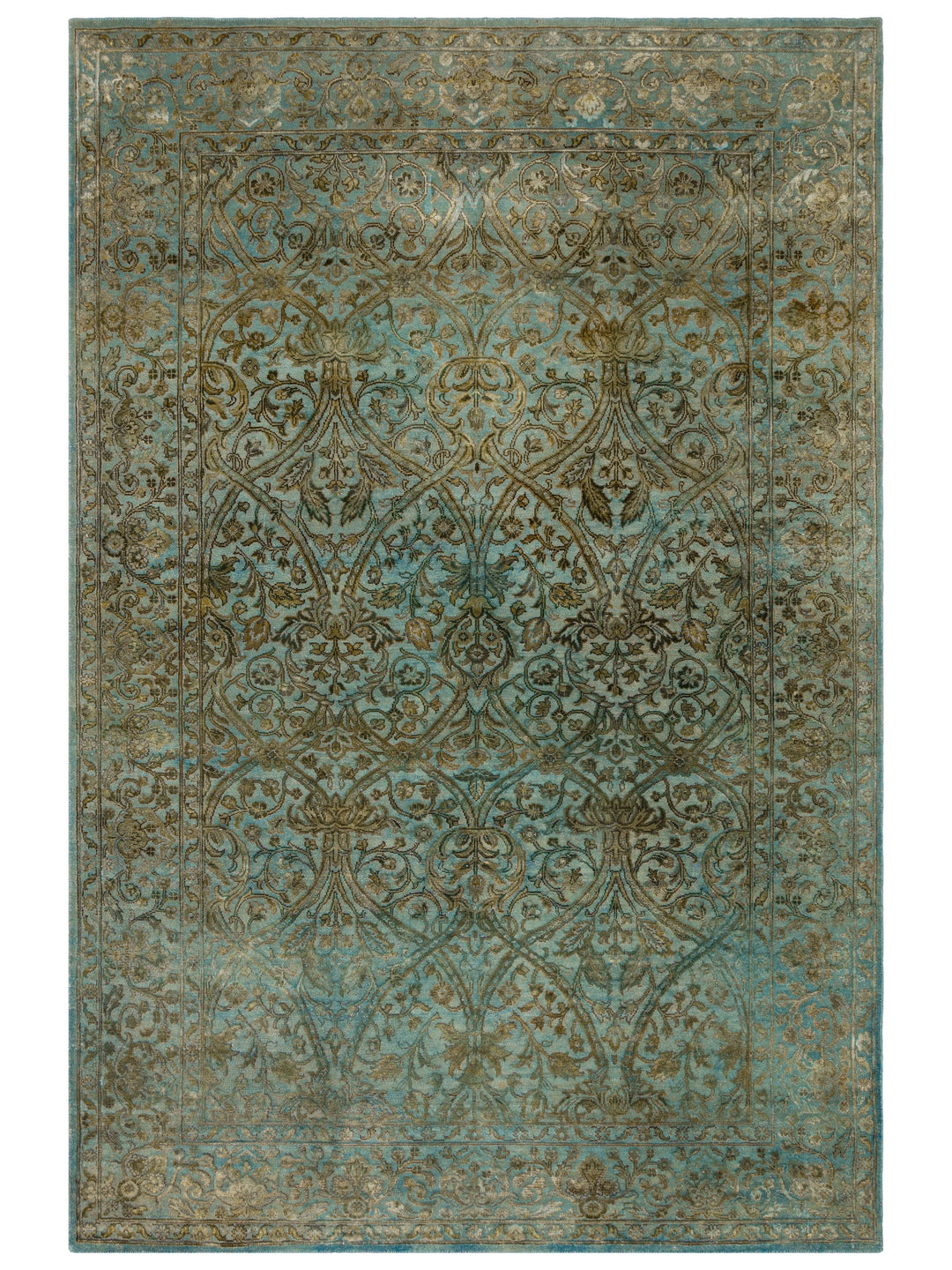 El dokuma Hindistan Jaipur halı Antik Gök Mavisi 183x274 cm kuşbakışı üstten görünüm