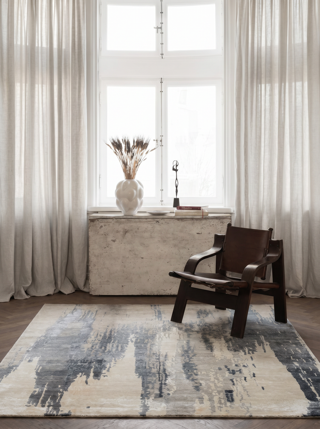 Tapis indien fait main en une seule pièce, laine et soie, Jaipur moderne motif abstrait, salon, crème gris