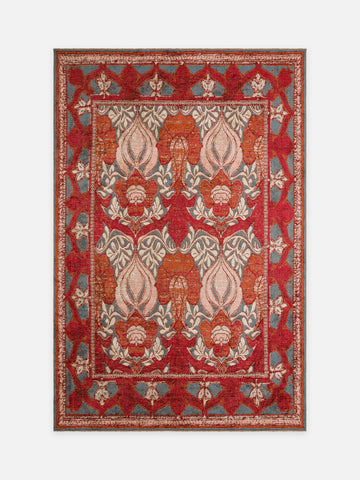 Ruggadocia Voysey Kırmızı Nar Çiçeği Desenli Halı kuşbakışı